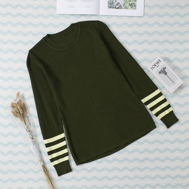 UZ Wholesale Store – Großhandel Strickpullover – Damen – Farbblockierter gestreifter Langarm-Strickpullover mit Rundhalsausschnitt7