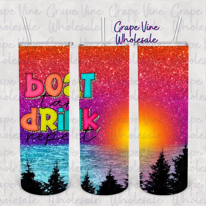 Boot, Bräunen, Trinken, Wiederholen -Glitzer- 20oz Becher für den Großhandel von GrapeVineWholesale