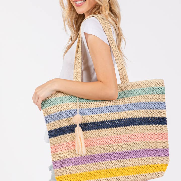 MiMi Wholesale - Wholesale Tote Bag - Women's - Amara Striped Crochet Women's Tote Bag with Tassel11