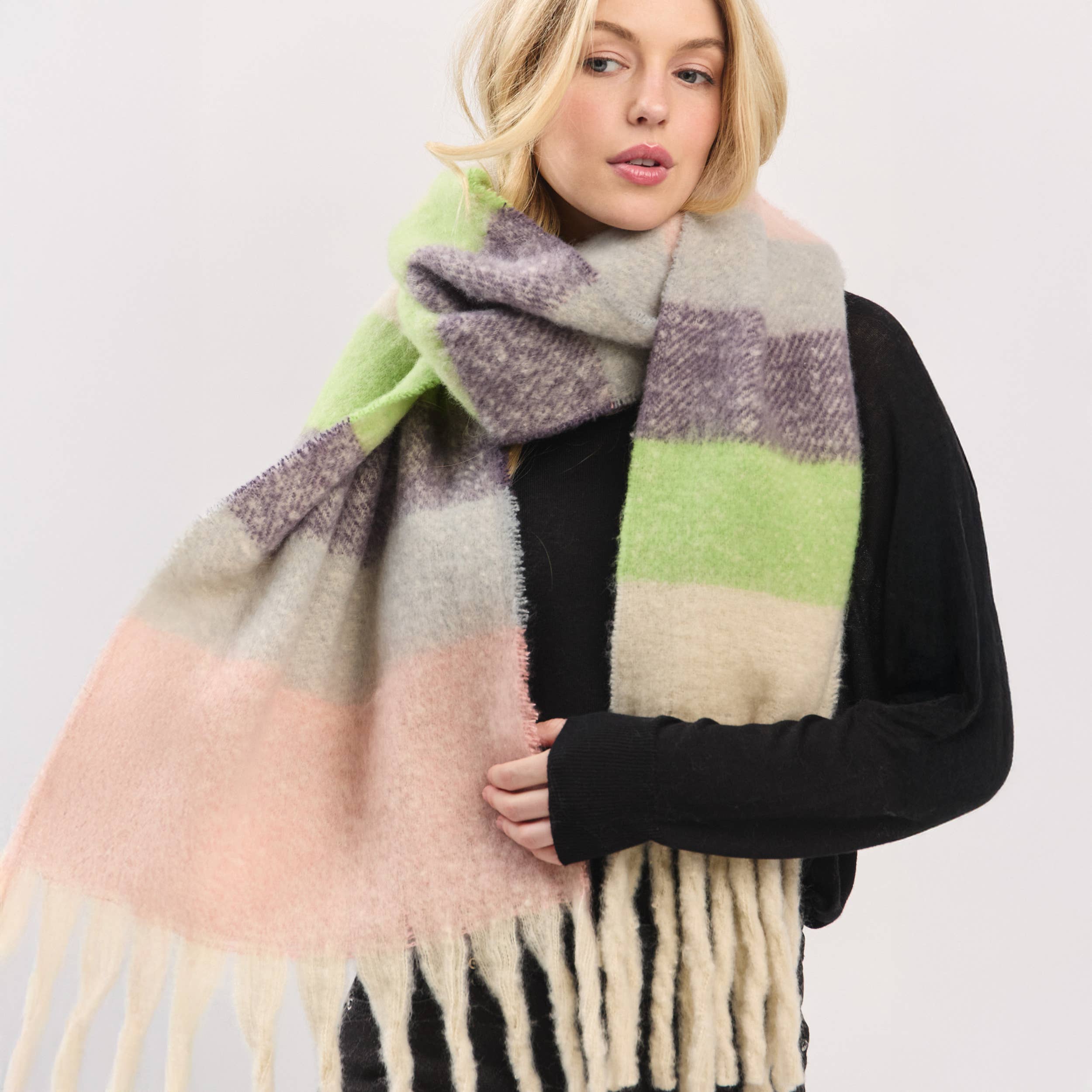 Hana - Wholesale Scarf - Women's - Multi Color Striped Brushed Fringed Winter Scarf15