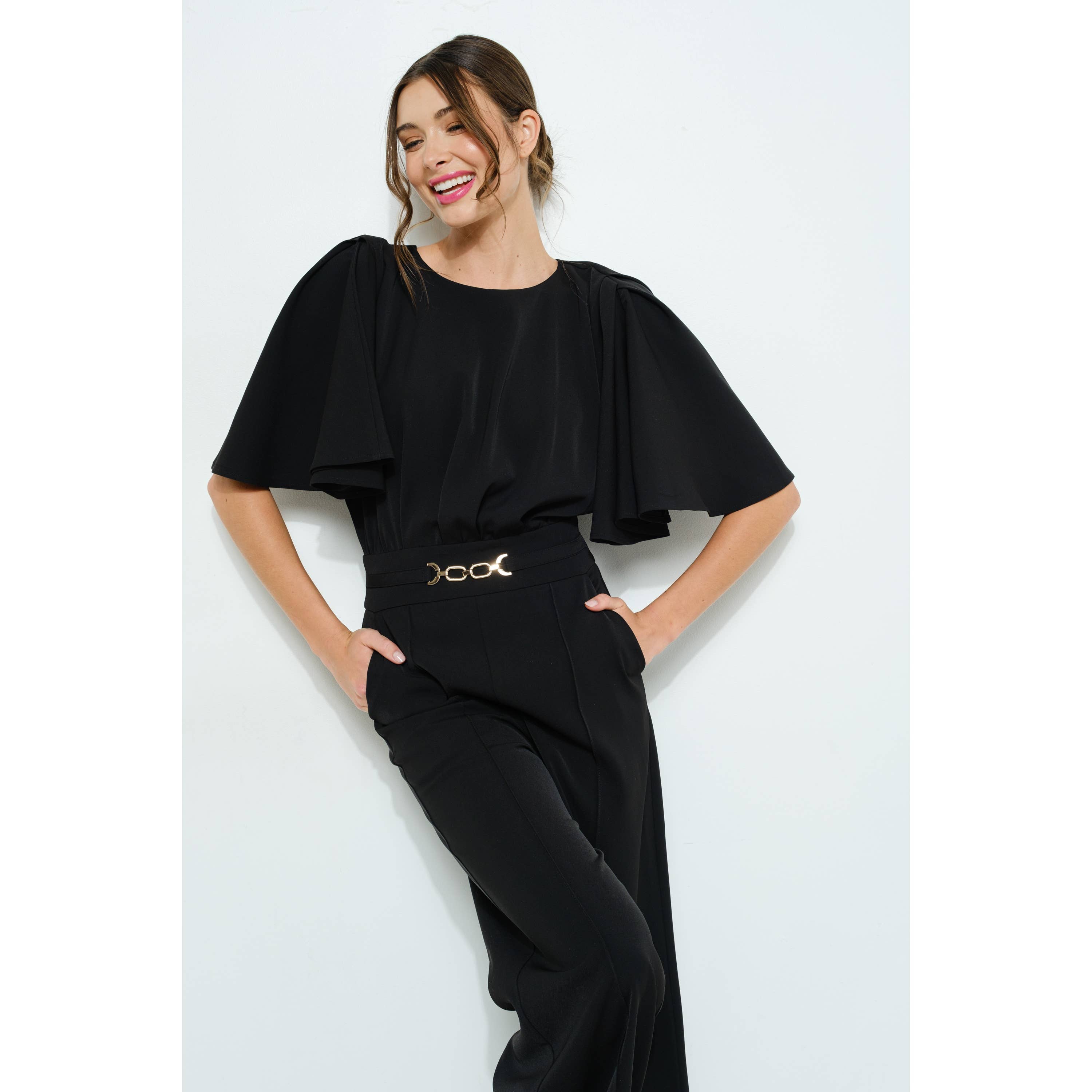 INA - Wholesale Romper - Women's - Flutter Kimino Sleeve Buckle Detail Wide Jumpsuit6