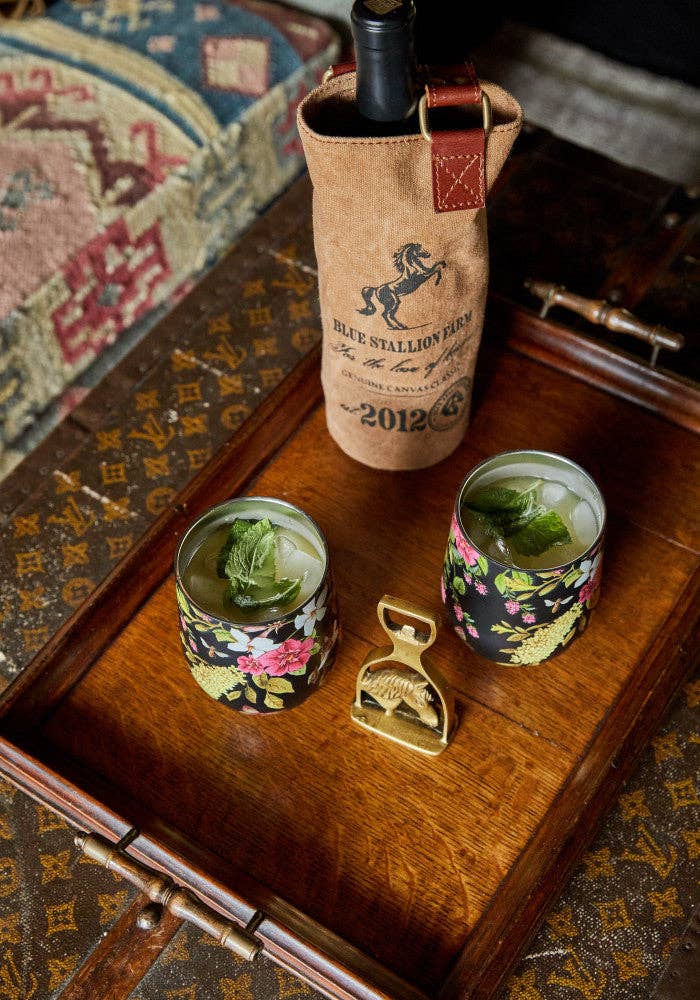 Blue Stallion Farm - Wholesale Insulated Mug/Tumbler - BLACK FLORAL BOUQUET WINE TUMBLER2