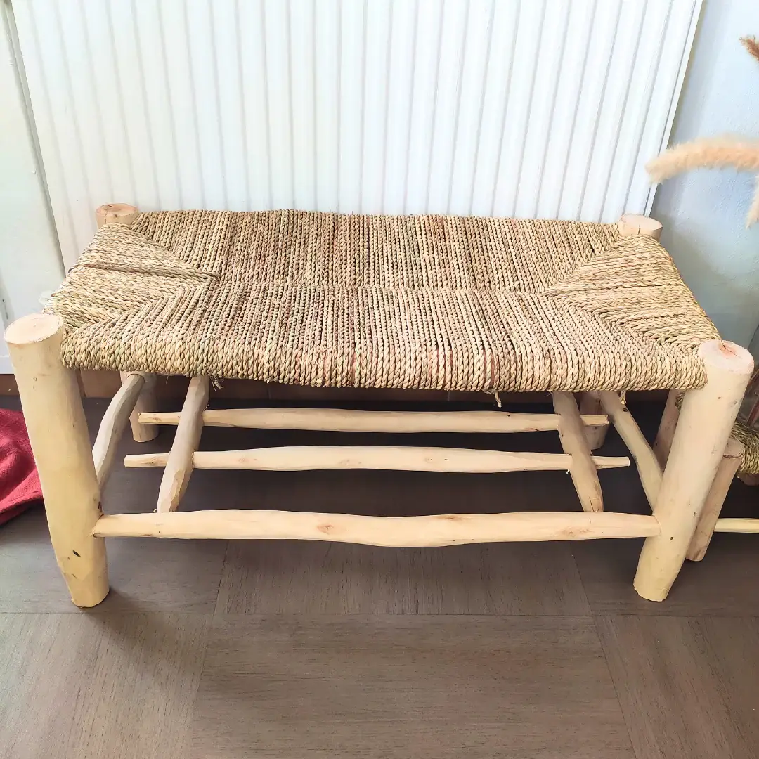 High crafty – Banco por atacado – Banco Marroquino Beldi de Madeira com Arrumação em Doum Tecido à Mão6