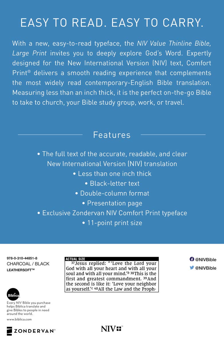 HarperCollins Christian Publishing - Wholesale Religion - NIV Value Thinline Bible Large Print Leathersoft Gray/Black8