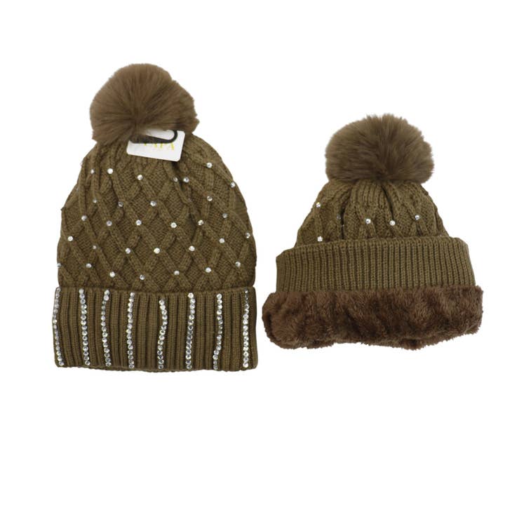 ASSORTED Pom Pom Knitted Beanie With Rhinestone HA4727-8 (12PC) for wholesale on Faire14