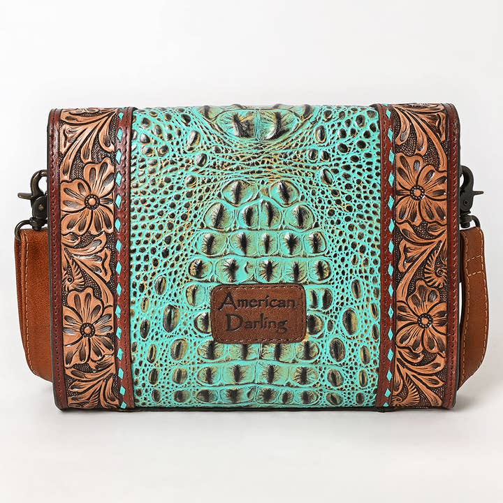 LS Western - Wholesale Crossbody Bag - Women's - ADBG1303 Tooled Leather & Turquoise Croc-Embossed Crossbody Bag4