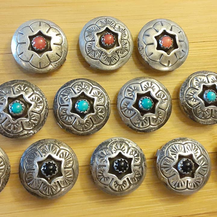 Jane A Gordon: Jewelry Art Gifts Inspiration - Wholesale Lapel Pin/Button - Vintage Button Covers, Western Style Cowboy - Turquoise, Onyx, Coral in Sterling Silver