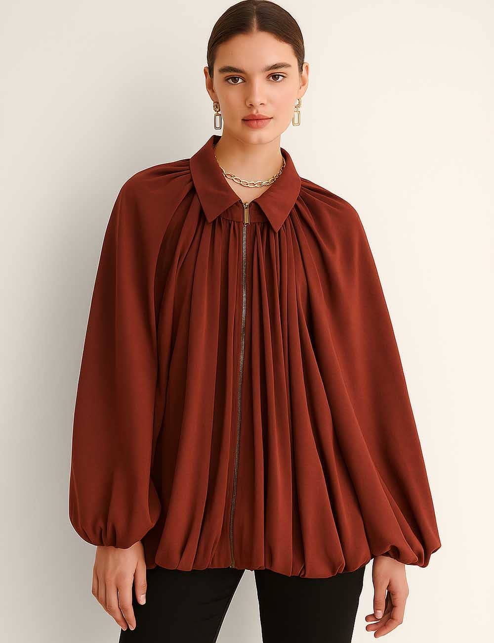 Sweetkama - Wholesale Jacket - Women's - Ladies Balloon Hem Bomber Jacket Zip Up Long Sleeves Coat9