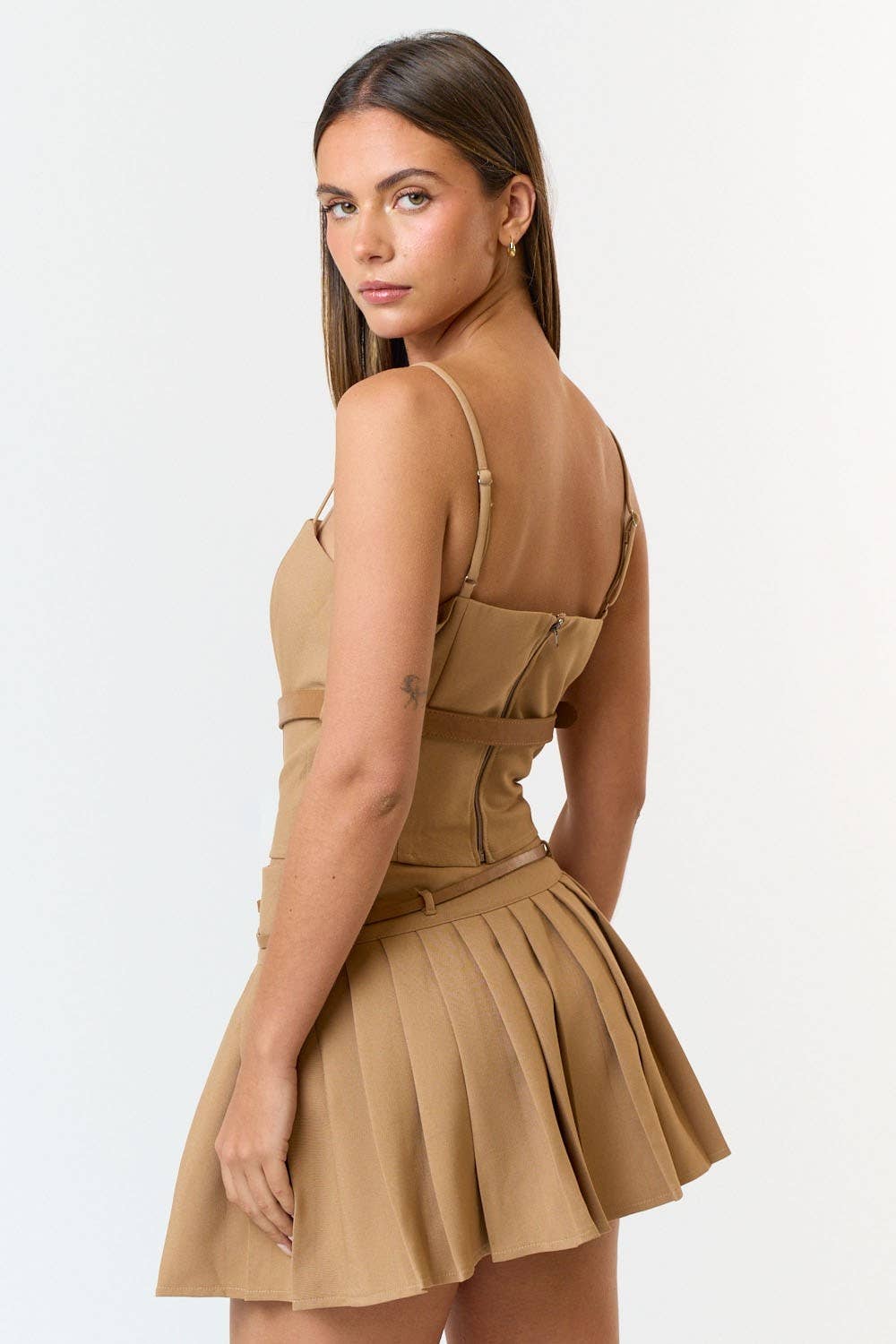 Blue Blush - Wholesale Top & Skirt Set - Women's - IBS31066 Belted Top and Pleated Mini Skirt Set4