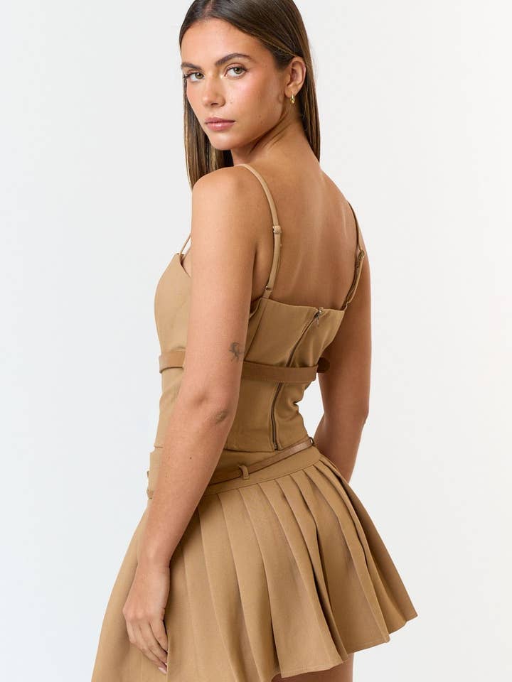 Blue Blush - Wholesale Top & Skirt Set - Women's - IBS31066 Belted Top and Pleated Mini Skirt Set4