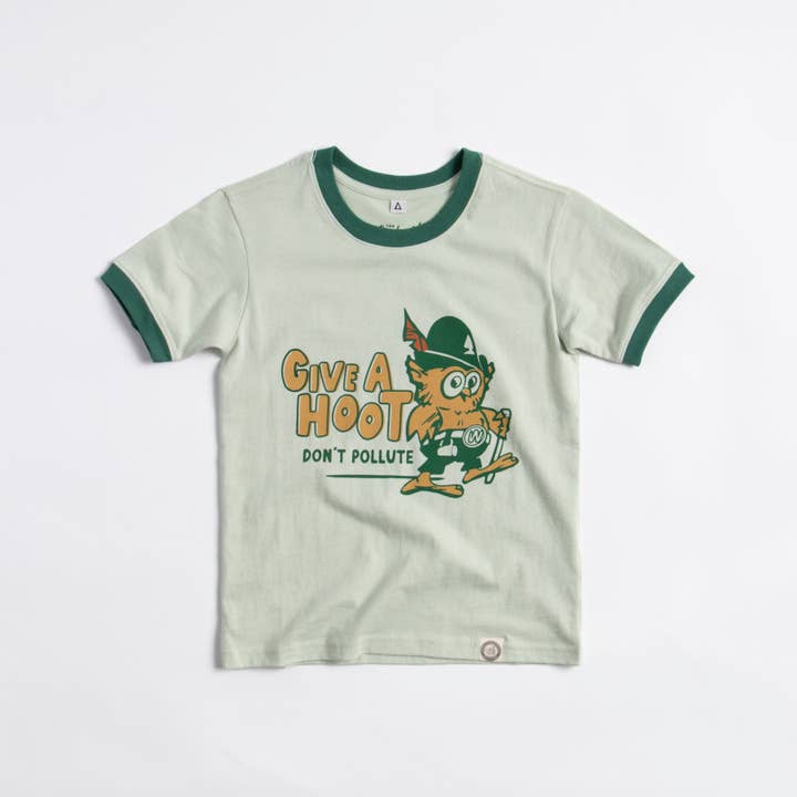 Give A Hoot, Don't Pollute Youth Short Sleeve Ringer Tee for wholesale by The Landmark Project