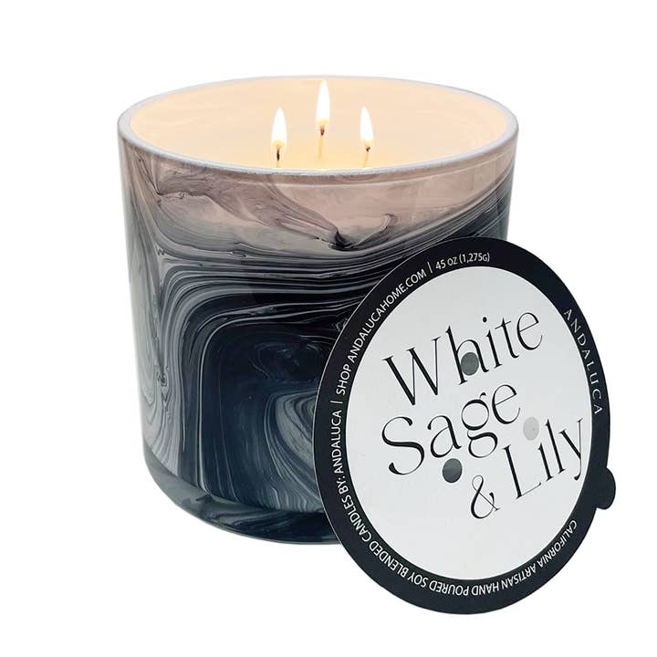JUMBO White Sage & Lily 45 oz. Swirl Glass Candle for wholesale by Andaluca