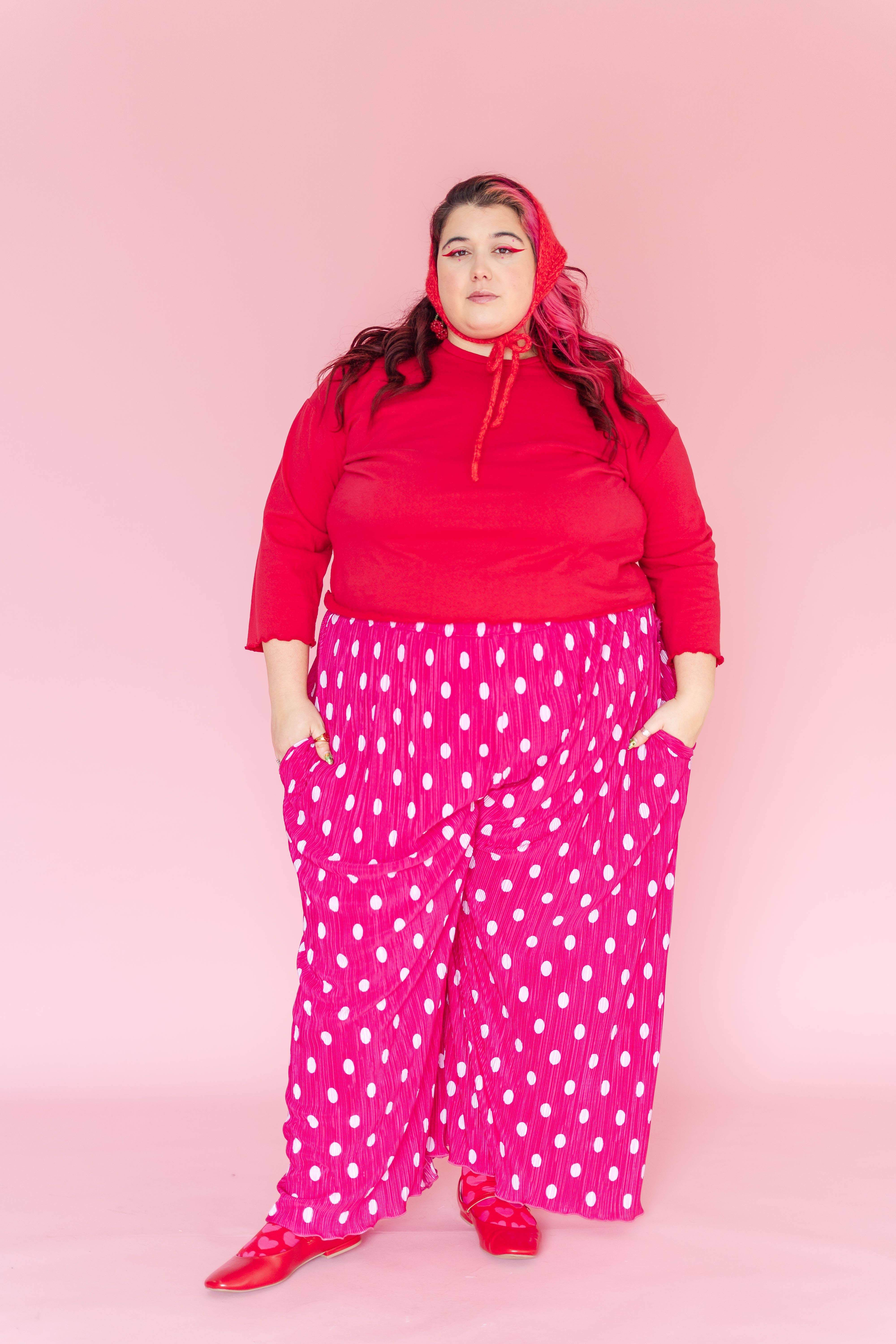 Nettle Studios - Wholesale Pants - Women's - Size Inclusive Hot Pink & White Polka Dot Pleated Flare Pant12
