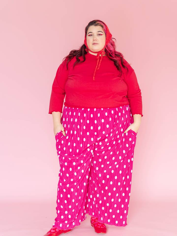 Nettle Studios - Wholesale Pants - Women's - Size Inclusive Hot Pink & White Polka Dot Pleated Flare Pant12