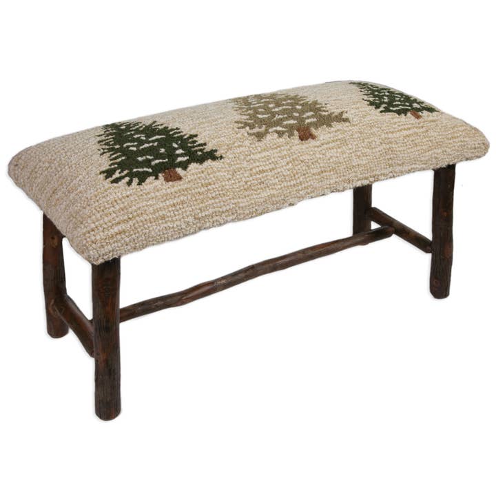 Frosted Trees Christmas Decor: Hooked Wool Top Hickory Bench for wholesale by Chandler 4 Corners