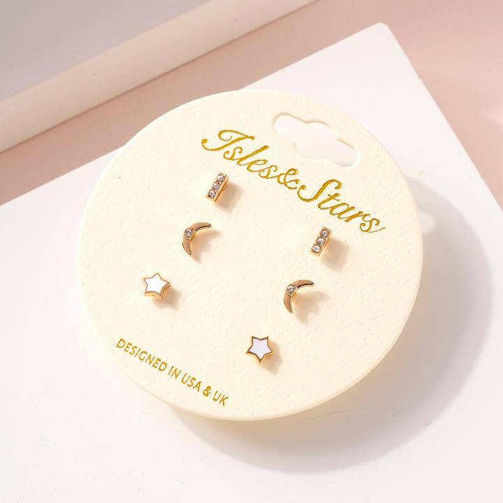 StarryNYC – wholesale Jewellery set – 3 Pairs Stud Earrings Stone/Moon/Star in a card1