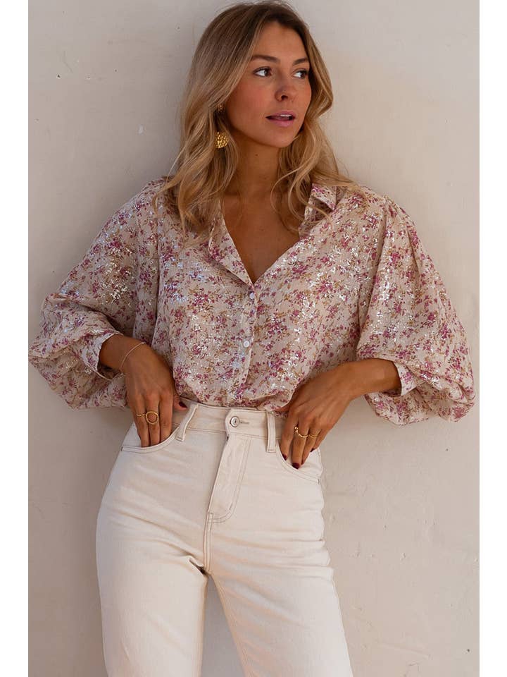 Pink Bishop Sleeve Collared V Neck Shirt for wholesale on Faire6