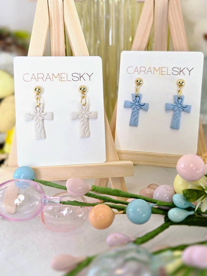Easter Cross Earrings, Christian Jewelry, Clay Earrings for wholesale by Caramel Sky
