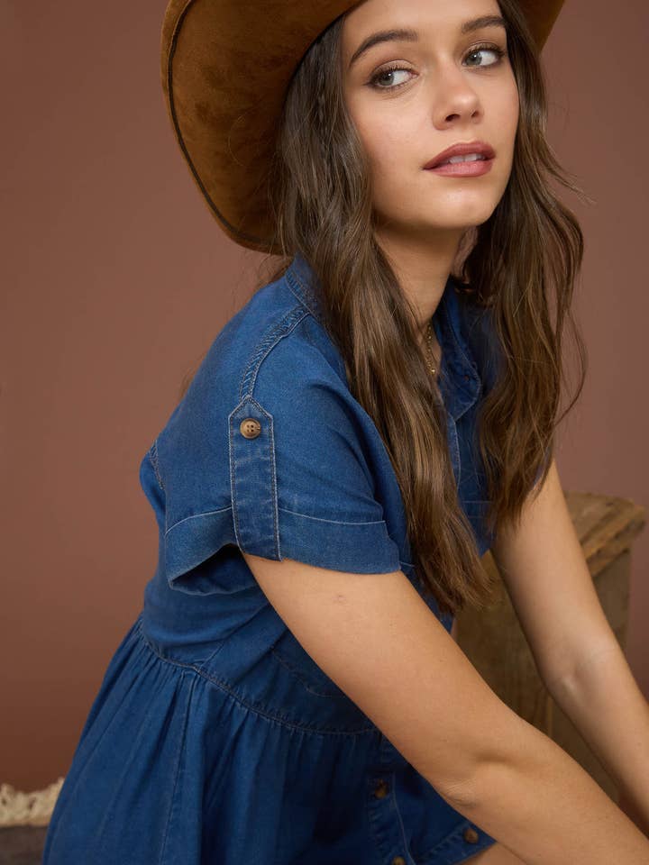 DARK CHAMBRAY COLLARED BUTTON DOWN SHIRT DRESS for wholesale on Faire