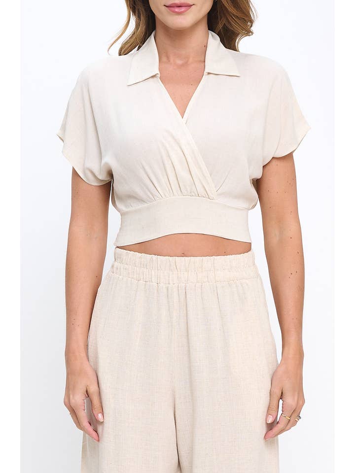 Renee C. - Vente Chemisier – femme - Fabriqué aux États-Unis Haut court en lin à col en V avec détail smocké1