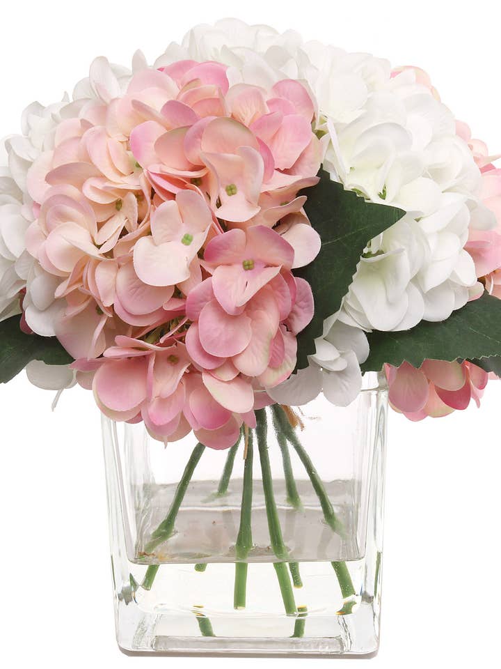 Pink & White Hydrangea Flowers In Glass Vase With Water Look for wholesale by Larksilk