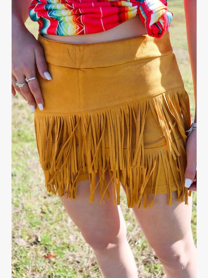MK266 Holy Cow Vegan Suede Fringe Front Shorts - Mustard for wholesale on Faire3