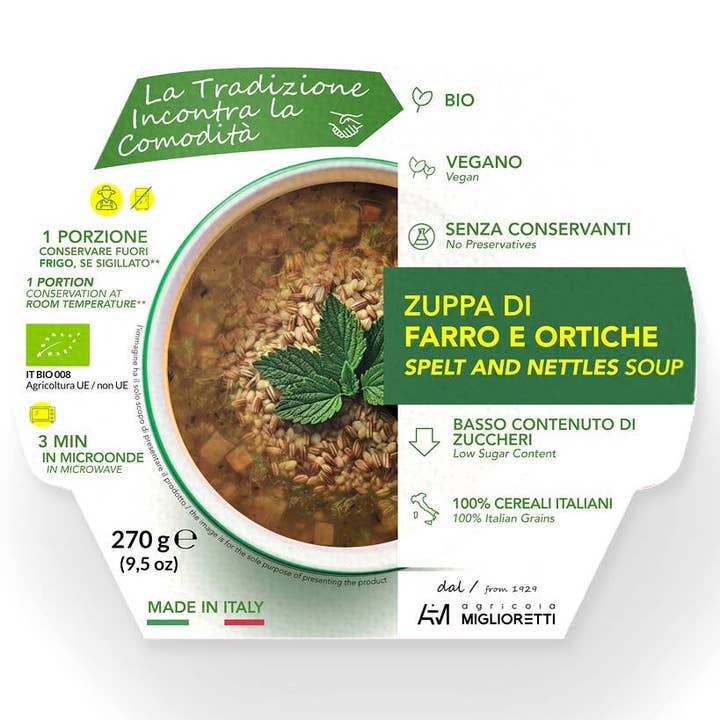 Vegan Spelt Soup 270g MIGLIORETTI | Nettle | Made in Italy for wholesale by Santini Gusto Unico