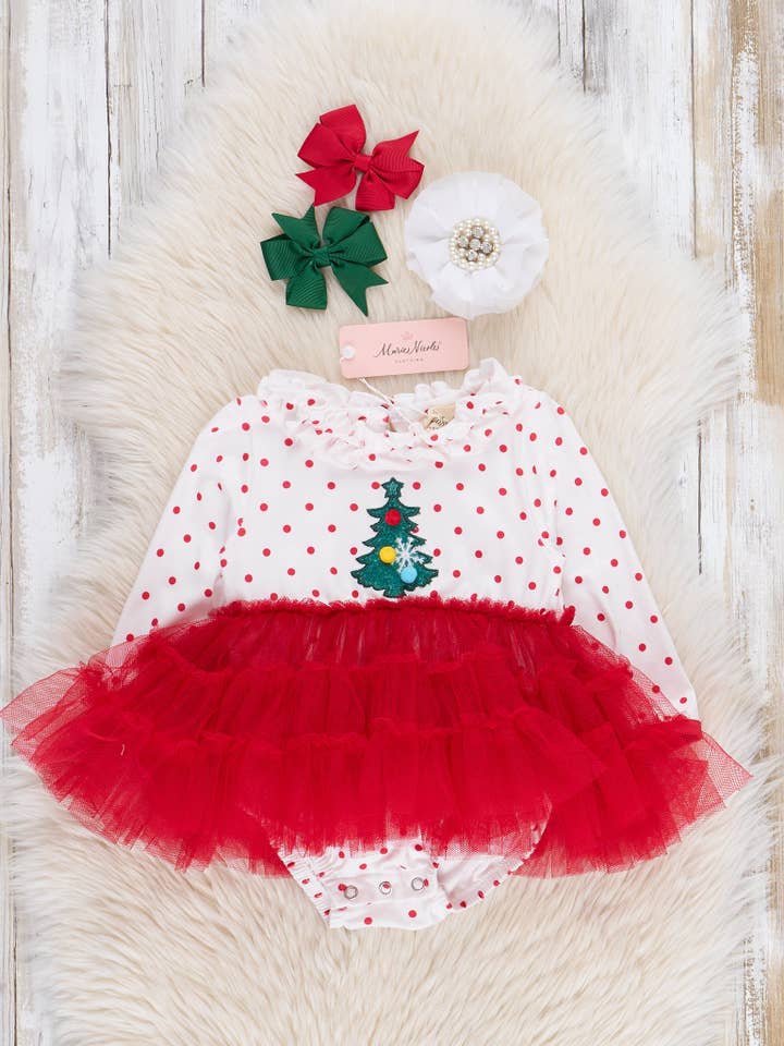 Marie Nicole Clothing - Wholesale Bodysuit (Non-Footed) - Baby - Red Embroidered Christmas Tree Tulle Bubble