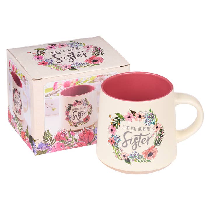 Christian Art Gifts - Wholesale Coffee Mug - Mug Stoneware Pink/White Floral Sisters Eccl. 4:9