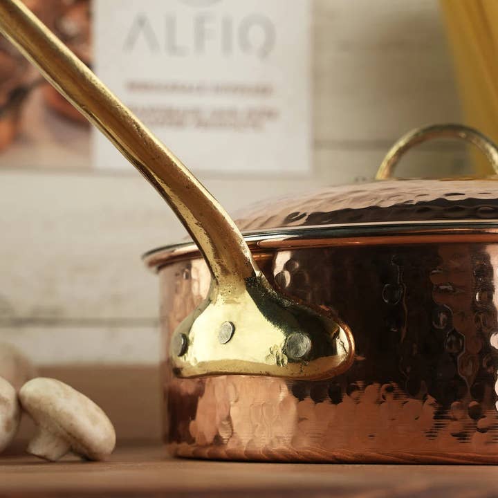 ALFIQ Copper - Venta al por mayor Cacerola - Cacerola de cobre macizo con tapa | Sartén de cobre hecha a mano | Juegos de utensilios de cocina de cobre turco con mango2