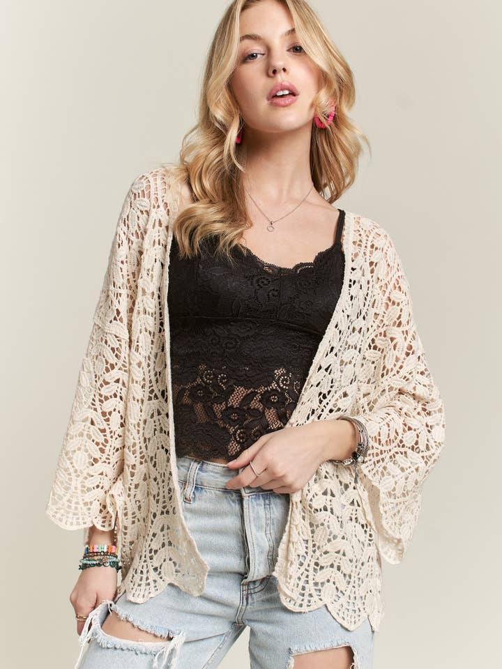 ADORA LA - Wholesale Cardigan - Women's - CET3547 - LEAF PATTERN CROCHET CARDIGAN