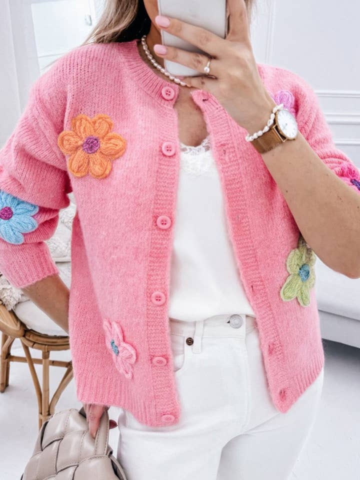 Pink Cute Knitted Floral Pattern Button Up Cardigan for wholesale by Azzurro