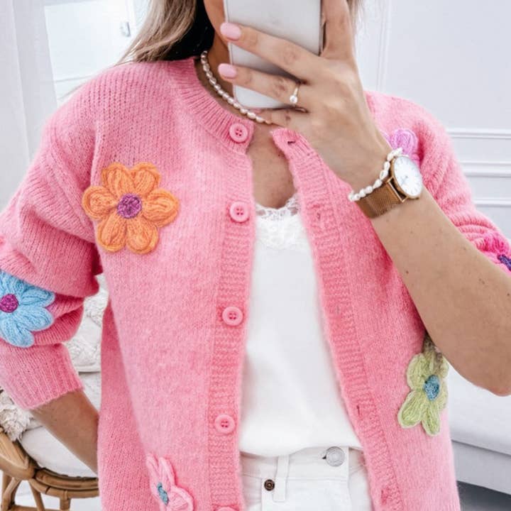 Pink Cute Knitted Floral Pattern Button Up Cardigan for wholesale by Azzurro