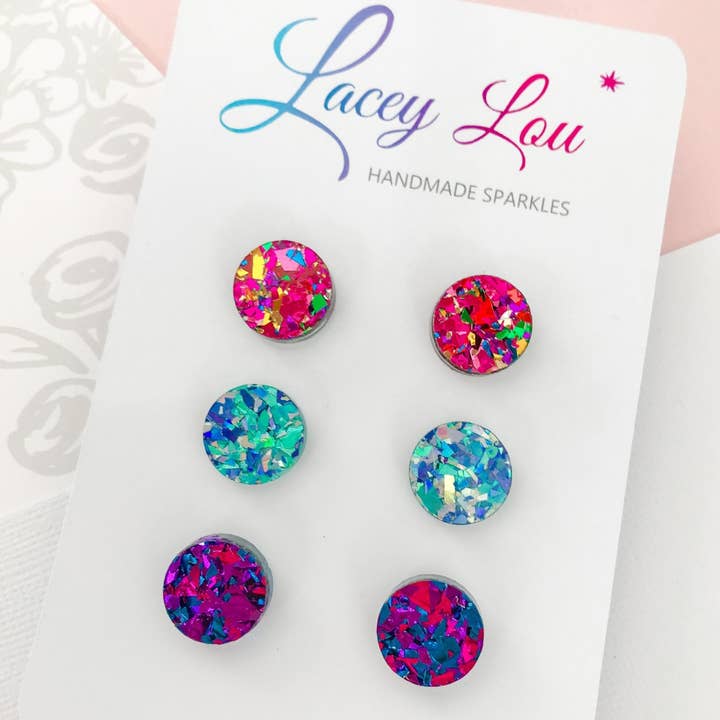 Round Multicolour 15mm Glitter Acrylic Stud Set for wholesale by Lacey Lou Sparkles