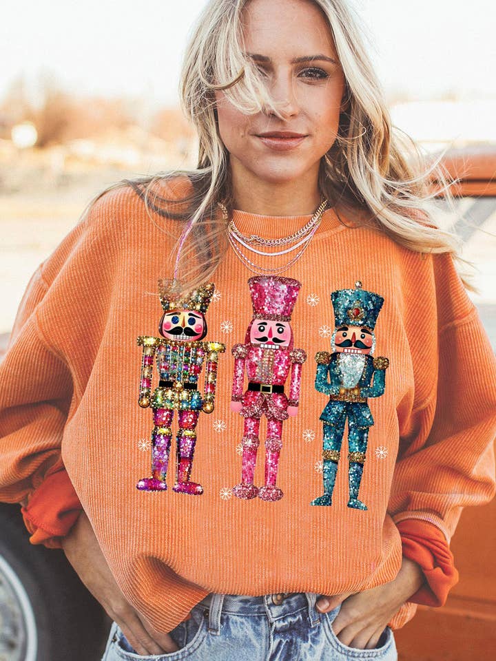 Lovesoft - Wholesale Graphic Sweatshirt - Women's - Ribbed Knit Nutcracker Pattern Crew Neck Pullover Sweatshirt6