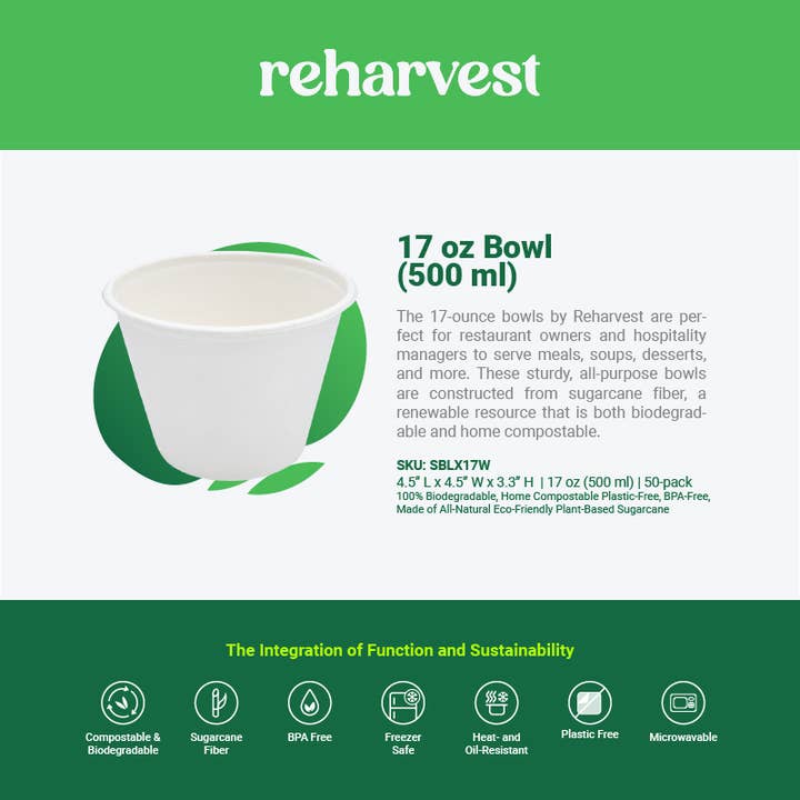 Reharvest - Venta al por mayor Taza desechable - Recipiente desechable para sopa compostable de 17 oz, 50 unidades Sin tapa