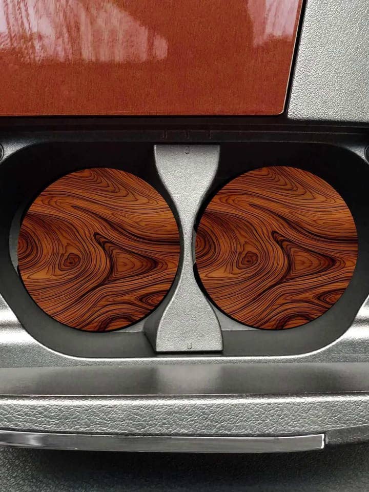 Rich Woodgrain Neoprene Car Coaster Set for Cup Holder Absorbent Washable and Fun for wholesale by Sip Sleeves ~ Insulated Cup Sleeves and Drink Accessories