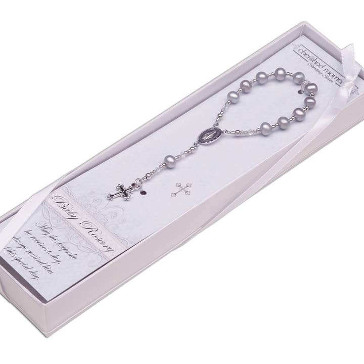 Cherished Moments - Wholesale Prayer Beads Necklace - Sterling Silver Grey Baby Rosary Baptism or Christening Gift