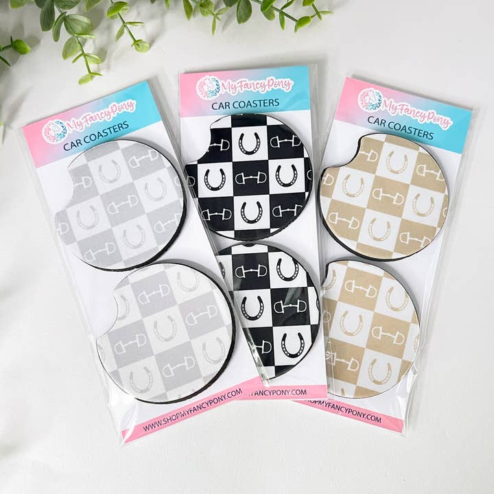 Checkered Equestrian Neoprene Car Coasters – Set of 2 for wholesale by My Fancy Pony