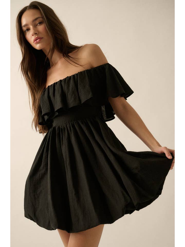 Promesa USA – Großhandel Kleid – Damen – Trägerloses Minikleid mit Volant aus Leinenmischung1