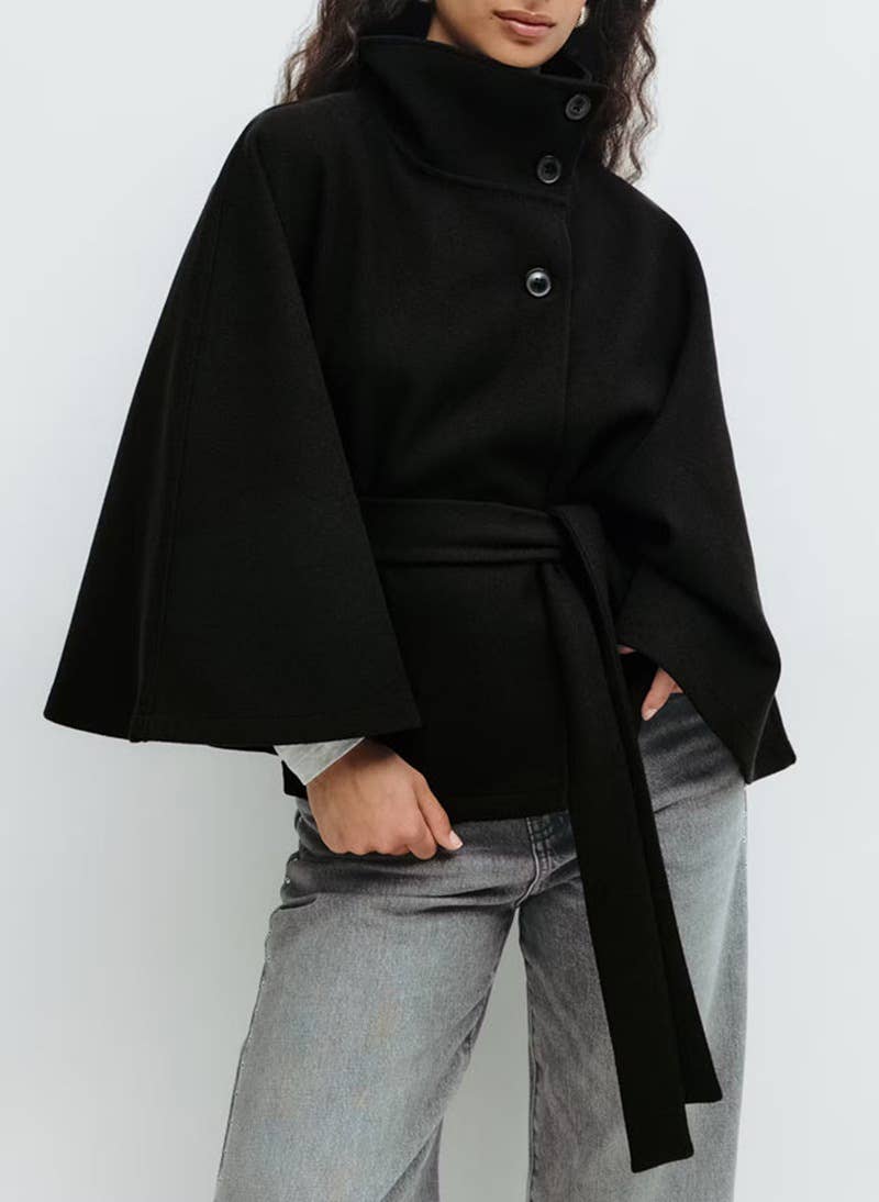 Rosa Clothing - Wholesale Jacket - Women's - Elegance Funnel neck Belt cape jacket6