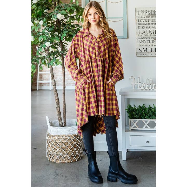 Oli&Hali - Wholesale Shirt - Women's - WASHED TIERED RUFFLE BACK DETAIL PLAID TUNIC SHIRT4