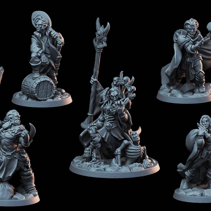 DnD Miniature Party Set 8 - 28mm Adventuring Group - Necromancer | Barbarian | Cleric | Rogue | Bard | Pathfinder 2E | DnD 5E | Mini Set for wholesale by The Beaver and Broadsword