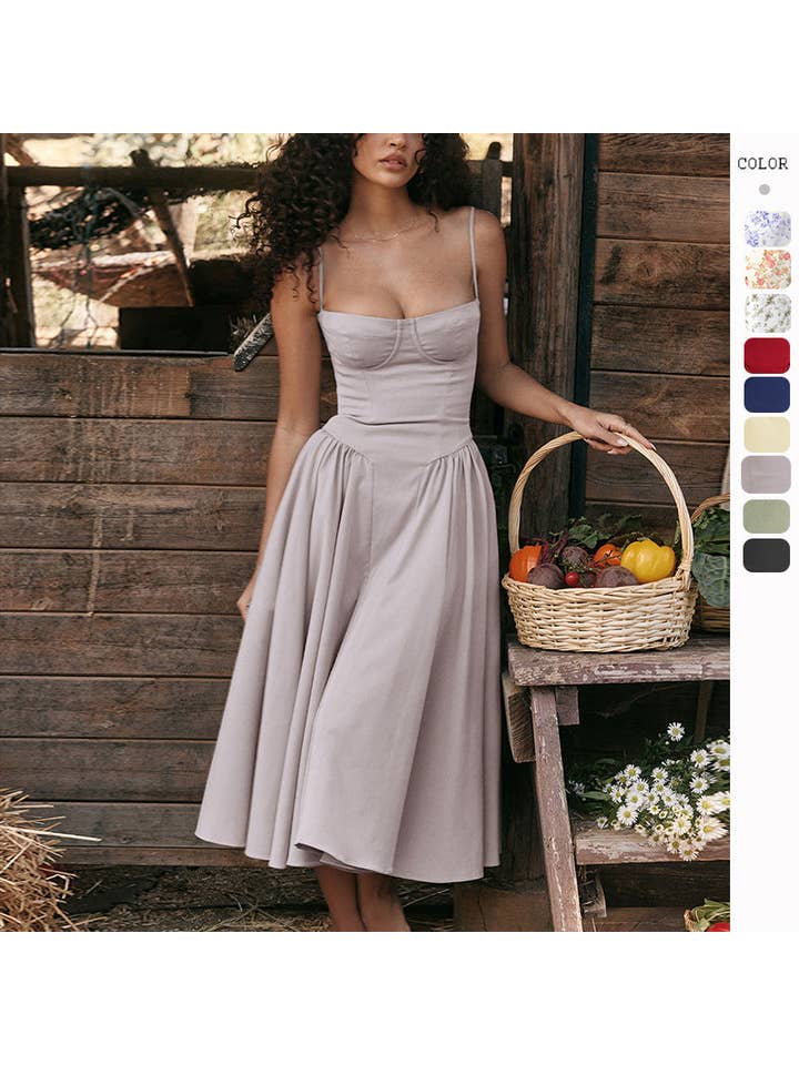 Sweetkama - Wholesale Dress - Women's - String Shoulder Solid & Floral Ladies Dress 2552875