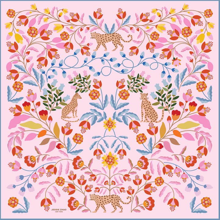 Double Sided Silk Scarf Of Pink Blossom Jungle for wholesale by Jessie Zhao New York