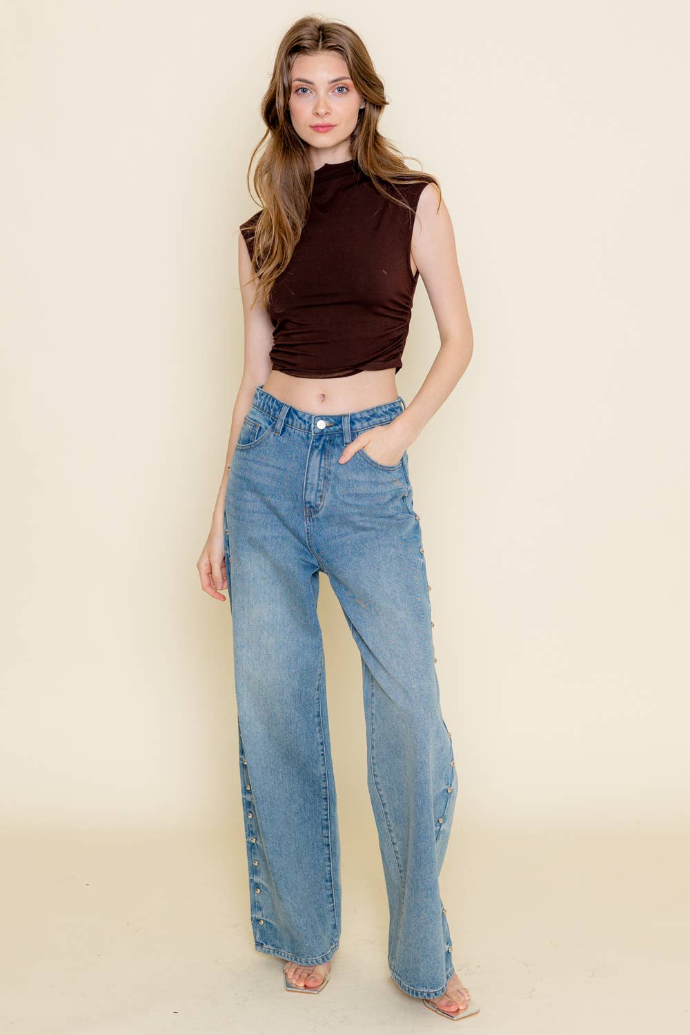 Fore Collection - Wholesale Knit Top - Women's - CHIC MOCK NECK CAP SLEEVE RUCHED CROP TOP-TD3745FO11