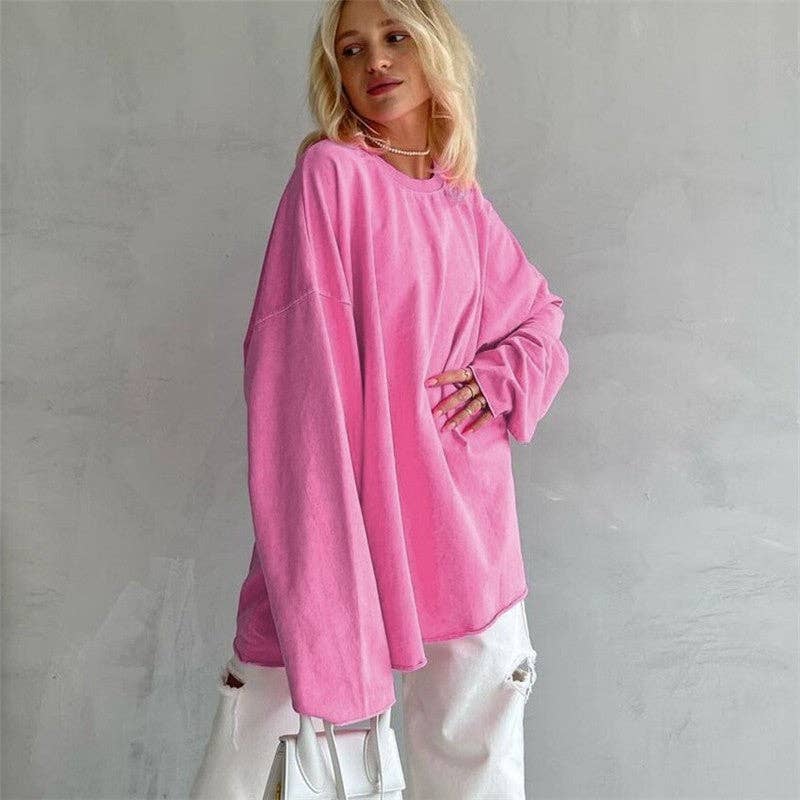 CANDY PINK Solid Color Loose Round Neck Long Sleeve Tshirt for wholesale on Faire4