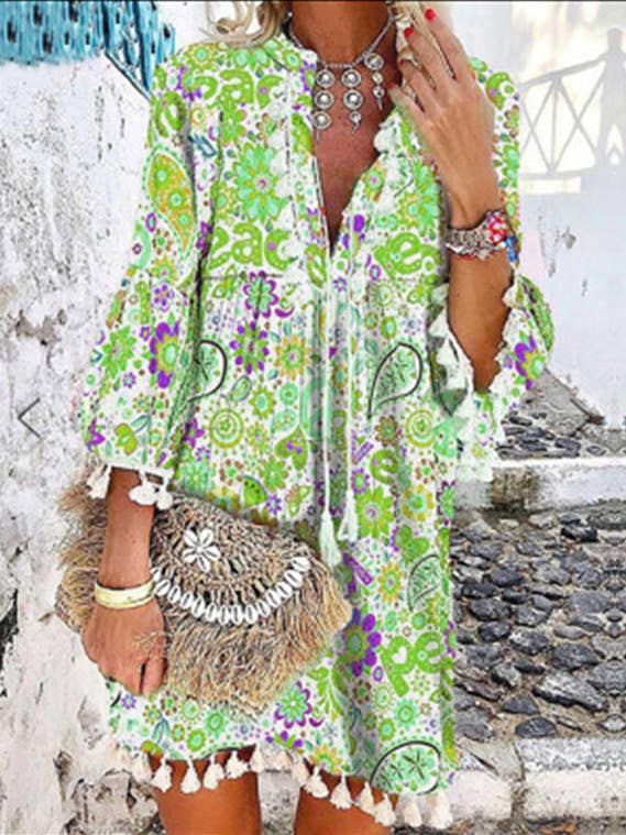 VividLux - Wholesale Dress - Women's - Women Print V Neck Tassel 3/4 Sleeve Shift Dress Bohemian Casual Knee Length Dress