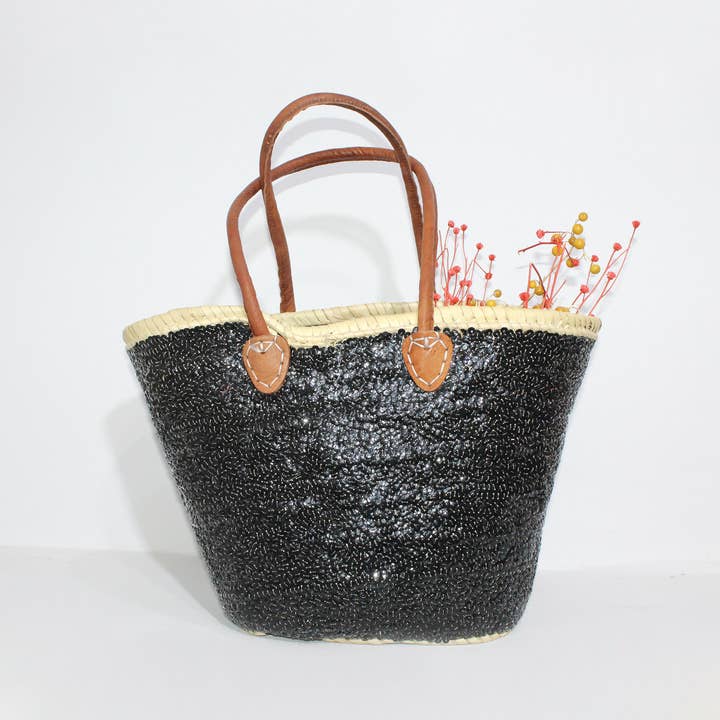 Black Sequins straw bag, french market basket for wholesale by Melecraft
