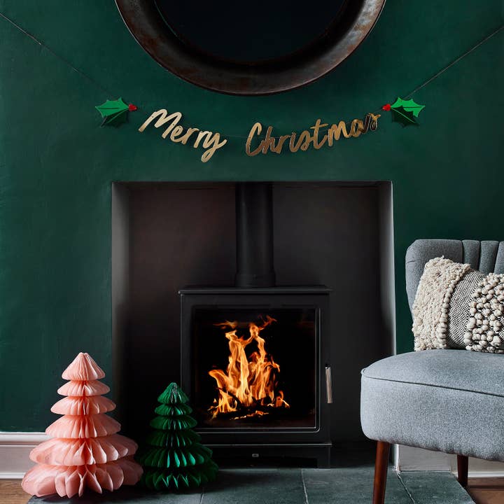 Goldenes „Merry Christmas“ Stechpalmen-Banner, 1,5 m für den Großhandel von Hootyballoo by Club Green